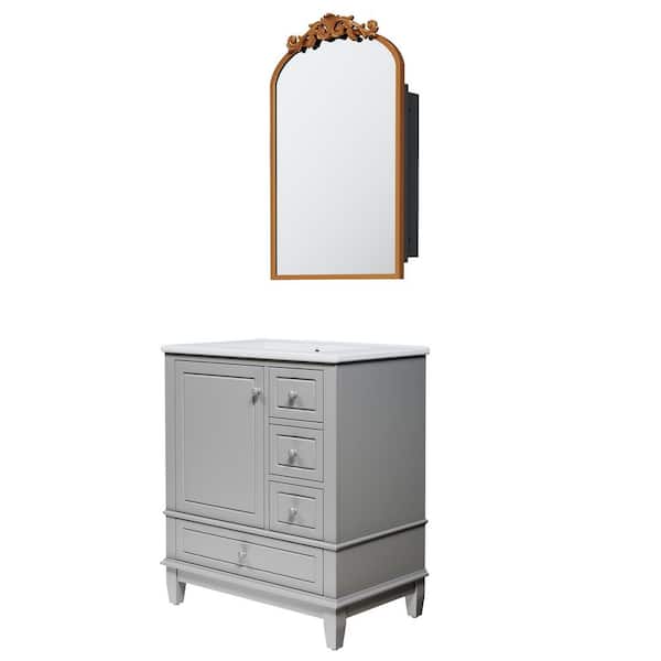 Gold 20 in. W x 30 in. H Farmhose Arched Iron Framed Carved Mirror Cabinet