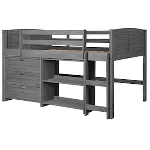 Antique Grey Twin Louver Low Loft Bed with 3-Drawer Chest and Bookshelf