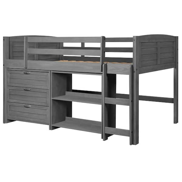 Donco Kids Antique Grey Twin Louver Low Loft Bed with 3-Drawer Chest and Bookshelf
