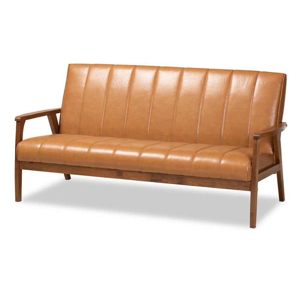 Nikko 64'' Walnut Brown Faux Leather Mid-Century Sofa