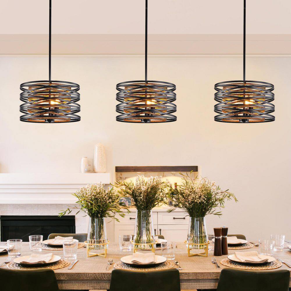 12.9 in. Modern Black & Walnut 3-Light Iron Chandelier with Adjustable Height for Dining Room, Kitchen Island price history on PriceWatchPro