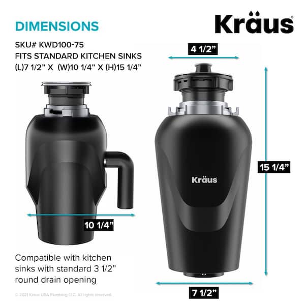 Kraus WasteGuard 3/4 HP Continuous Feed Garbage Disposal – Ultra-Quiet, Power Cord Included, Black