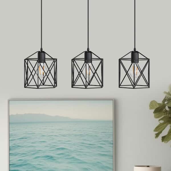 3-Light Industrial Pendant Light with Black Cage Shade, No Bulbs Included