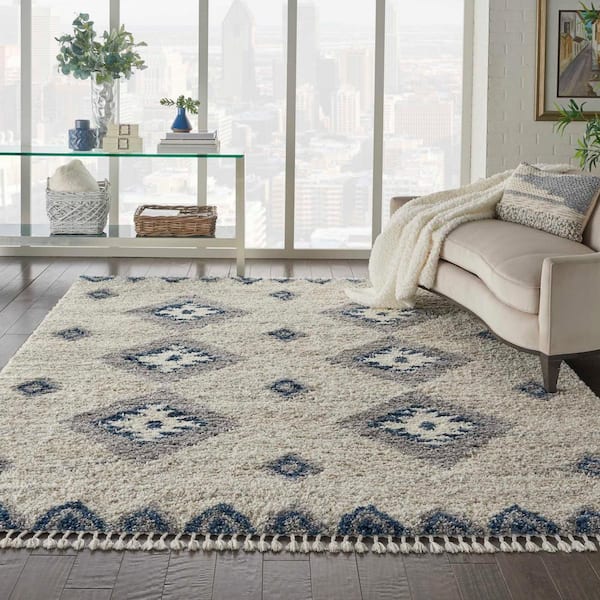 Adonis Ivory/Blue 8 ft. x 11 ft. Shag Contemporary Area Rug