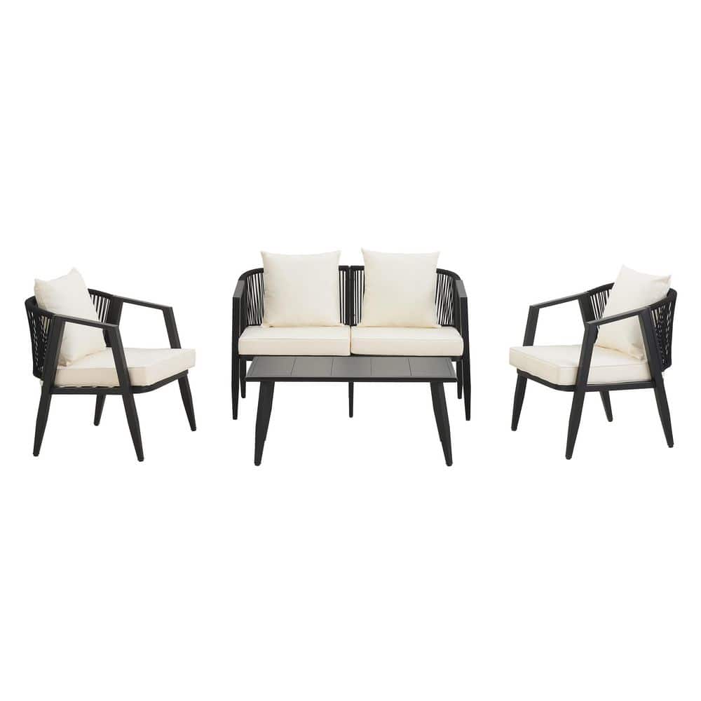 4-Piece Black Metal Patio Conversation Set with Beige Cushions for Outdoor,