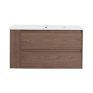 35.90 in. W 18.30 in. D 19.70 in. H Single Sink Freestanding Bath Vanity in Brown Oak with White Ceramic Top