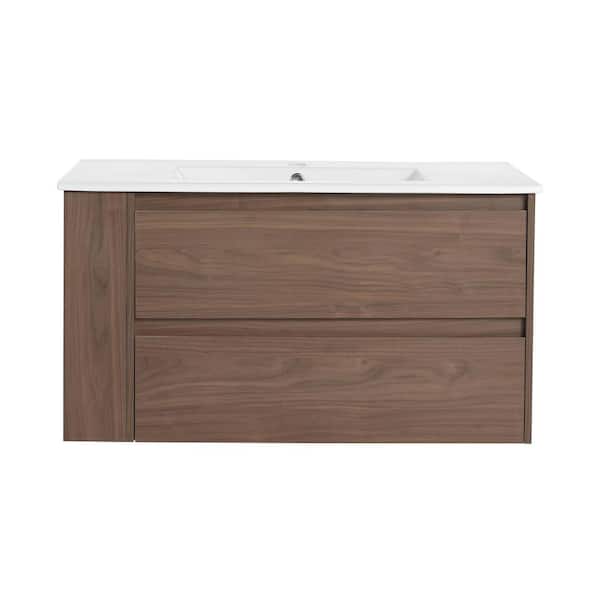 Boosicavelly 35.90 in. W 18.30 in. D 19.70 in. H Single Sink Freestanding Bath Vanity in Brown Oak with White Ceramic Top