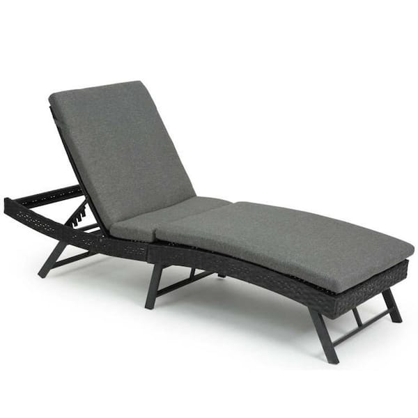Zeus & Ruta Black Metal Outdoor Chaise Lounge Rattan Adjustable Back with Gray Cushion and Folding Table for Patio Porch Poolside