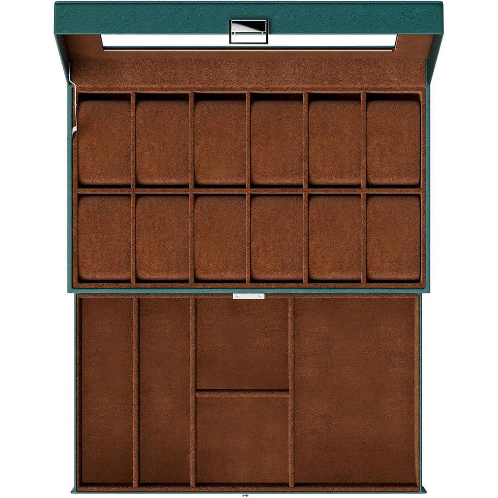 Green 12-Slot Faux Leather 2-Layer Watch Box with Glass Lid and Drawer ...