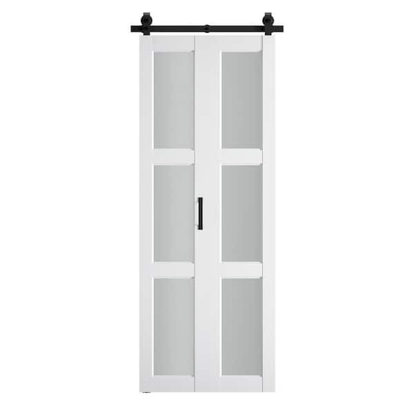 SOCBAZZAR 28 in. x 84 in. 3-Lite Frosted Glass PVC Finished White MDF Bi-Fold Sliding Barn Door with Hardware Kit, Top-Mounted