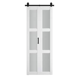 36 in. x 84 in. 3-Lite Frosted Glass PVC Finished White MDF Bi-Fold Sliding Barn Door with Hardware Kit, Top-Mounted