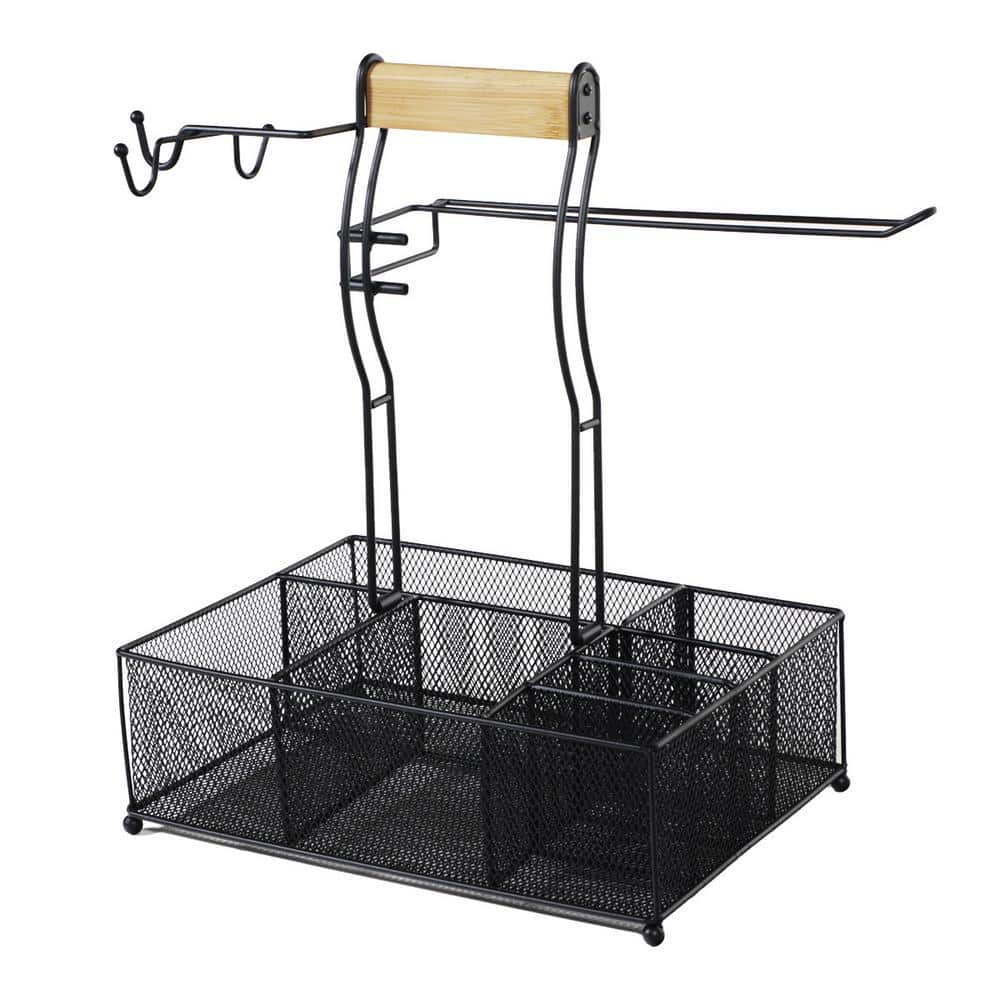 Black Steel Mesh Grill Caddy with Wooden Handle