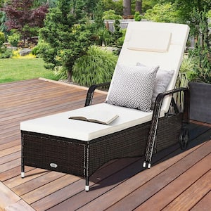 Wicker Outdoor Chaise Lounge Chair with Wheel Adjustable Backrest with White Cushion