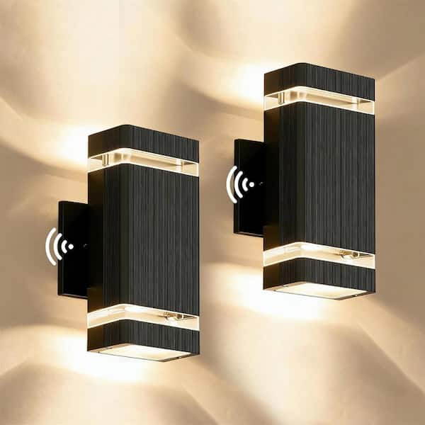 Square Dusk to Dawn Up Down Black Aluminum Outdoor Wall Lights 2 Pack, 2x7W 3000K GU10 Waterproof Porch Garage Exterior