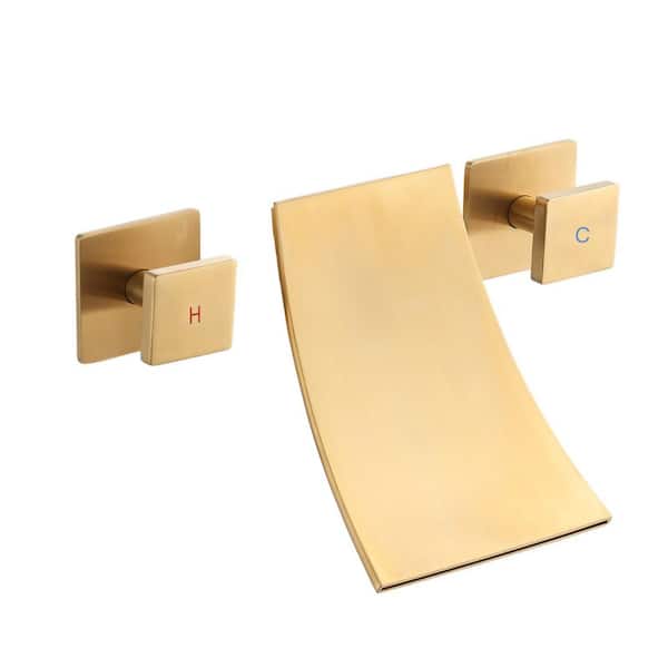 2-Handle 3-Hole Wall-Mount Roman Tub Faucet Brass Waterfall Tub Filler with Rough-In Valve in Brushed Gold