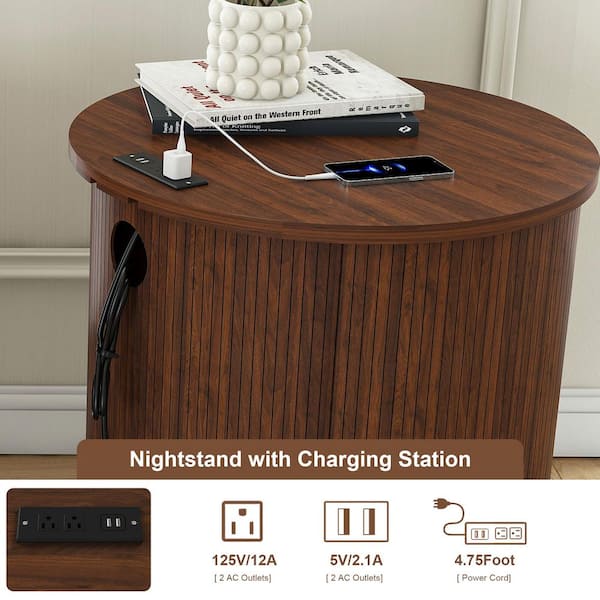 Noble House Forrest Modern Walnut MDF Wood Cylinder Bedside Table