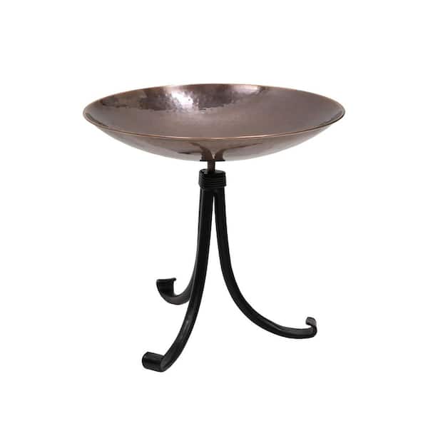 14 in. W Round Burnt Copper Stainless Steel Birdbath w/ Black Wrought Iron Tripod Stand
