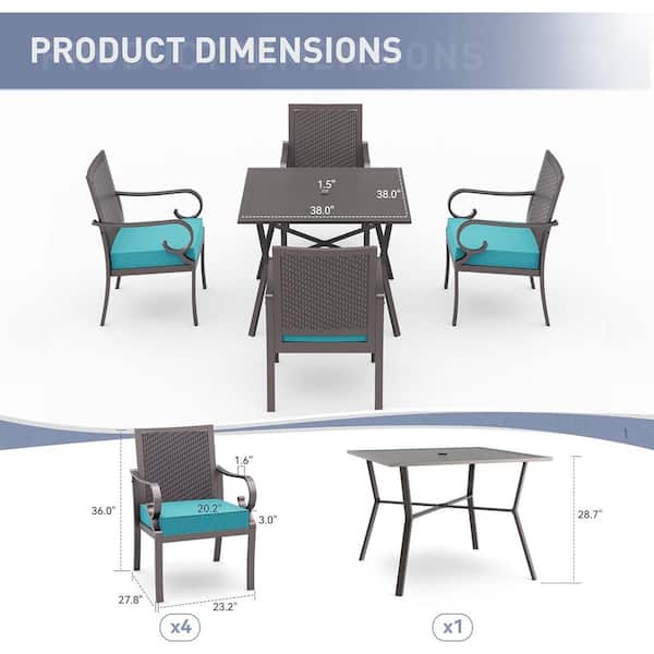 5-Piece Metal Patio Outdoor Dining Set with Rattan Woven Backrest,4 Chairs, Large Table, Umbrella Hole and Blue Cushions