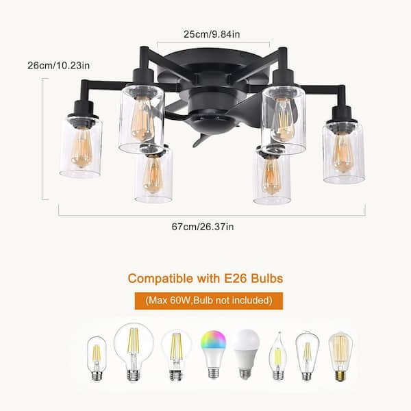 26.37 in. Indoor Black Modern Reversible Flush Mount Ceiling Fan with Glass Shade and Remote Included for Foyer Bedroom