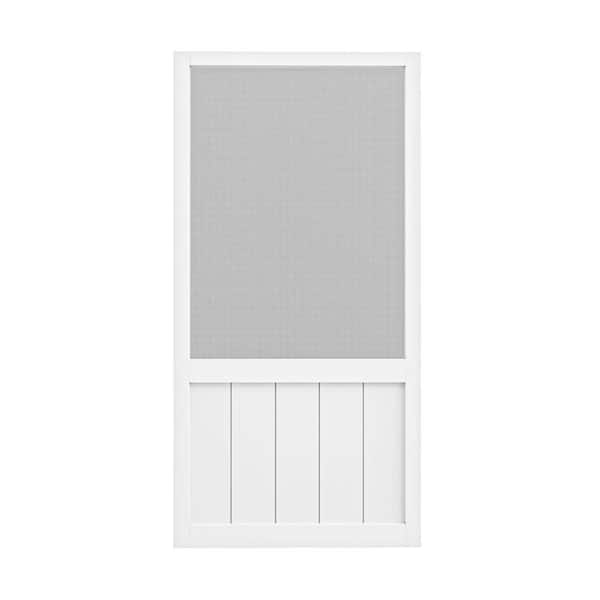 36 in. x 80 in. Universal Primed White Paneled Railing Style Pine Wood and Gauze Mesh Hinged Screen Door for Front Door