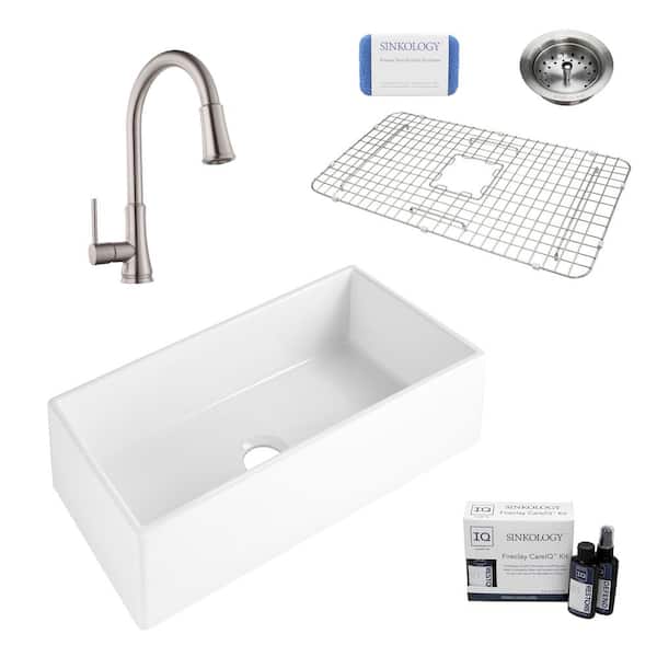 SINKOLOGY Bradstreet II 36 in Farmhouse Apron Front Undermount Single Bowl Crisp White Fireclay Kitchen Sink with Stainless Faucet