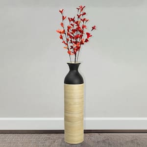 Cylinder Shaped Tall Spun Bamboo Floor Vase Glossy Black Lacquer and Natural Bamboo in Large