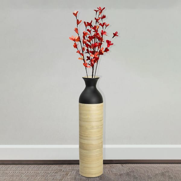 Uniquewise Cylinder Shaped Tall Spun Bamboo Floor Vase Glossy Black Lacquer and Natural Bamboo in Large
