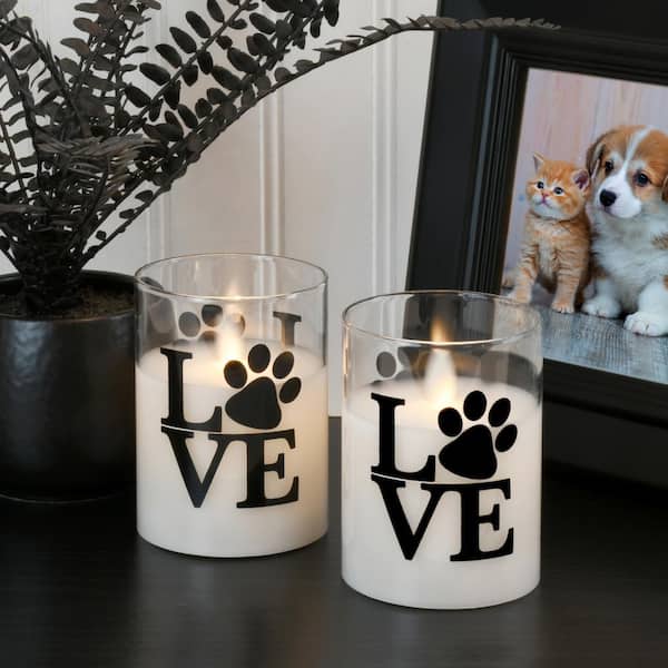 LUMABASE White Love Paws Battery Operated LED Glass Candles with Moving Flame (Set of 2)