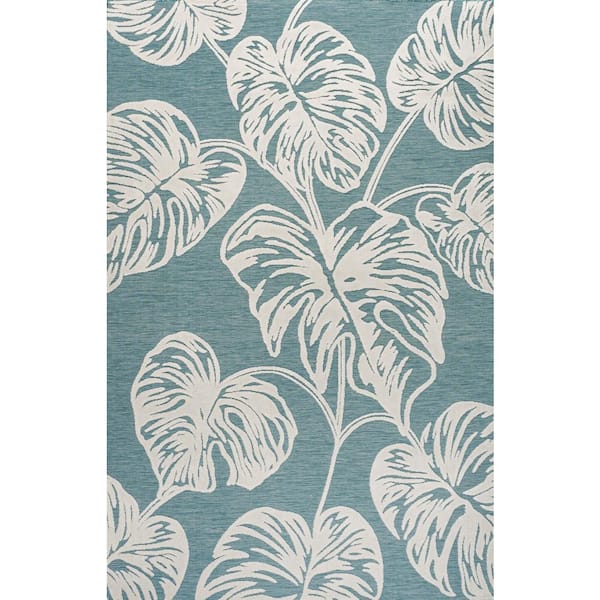 Tobago Blue/Ivory 8 ft. x 10 ft. High-Low 2-Tone Monstera Leaf Indoor/Outdoor Area Rug