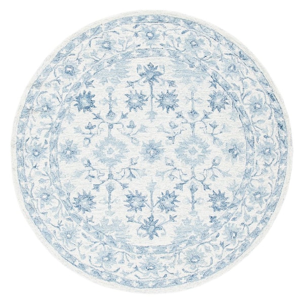 Micro-Loop 5 ft. x 5 ft. Round Blue/Ivory Floral Ornate Area Rug
