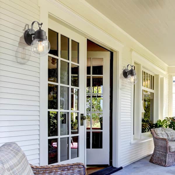 Greet 1-Light Matte Black Outdoor Barn Light Sconce with Clear Seeded Glass Shade (2-Pack)