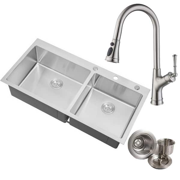 eModernDecor Topmount 16-Gauge Stainless Steel 42-7/8 in. x 21-1/2 in. x 10 in. 60/40 Double Bowl Drop-In Kitchen SinkFaucetStrainer