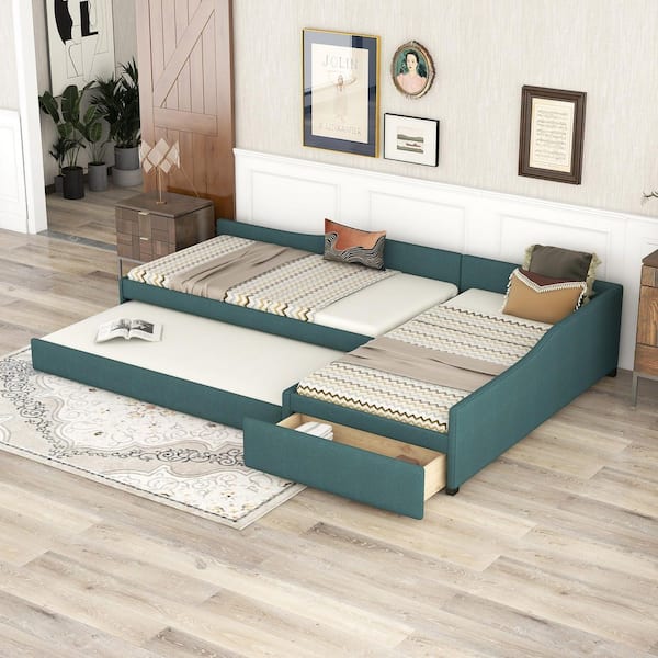 Upholstered Green Twin Daybed with Trundle and Drawer, Convertible Sofa Bed for 3-Sleepers