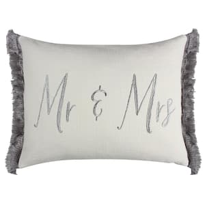 Perla Grey, Cream Embroidered Mr. and Mrs. With Side Fringe Edge 20 in. x 16 in. Throw Pillow