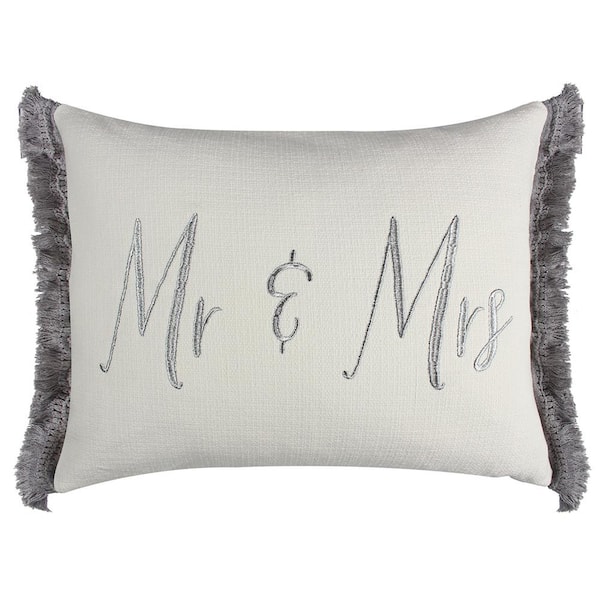 LEVTEX HOME Perla Grey, Cream Embroidered Mr. and Mrs. With Side Fringe Edge 20 in. x 16 in. Throw Pillow