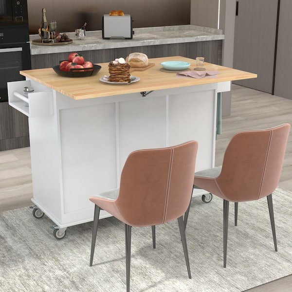 Clihome White Solid Wood 52.76 in. Buffet with Locking Wheels and Drawers