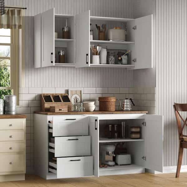 White Wood 60 in. x 64.6 in. Pantry Cabinet with Drawers, Wall-Mounted Upper Cabinet and Multi-Storage Compartments