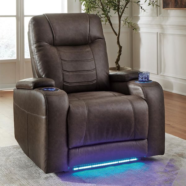 Schooner Rocks Brown Faux Leather Standard Power Recliner with Adjustable Headrest and Storage