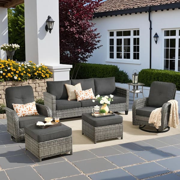 Audrey Gray 6-Piece Wicker Outdoor Patio Conversation Set With Rocking Swivel Chairs and Black Cushions.