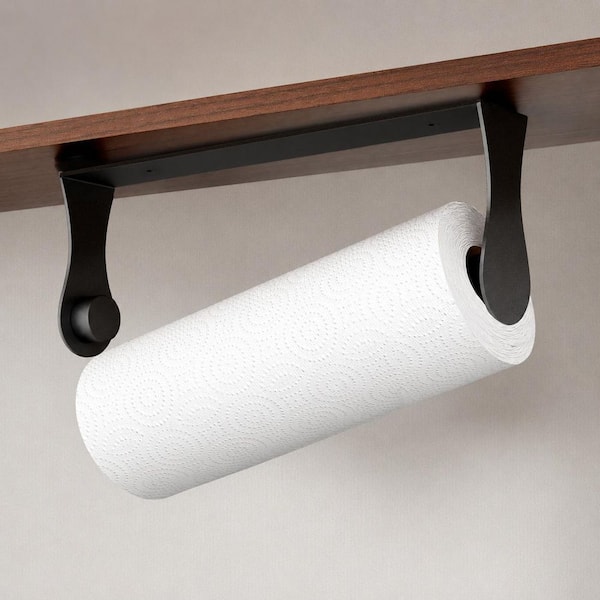 Wall Mount Black Paper Towel Holder Under Cabinet Adhesive or Screw Installation for Kitchen Bathroom RV 1-Piece