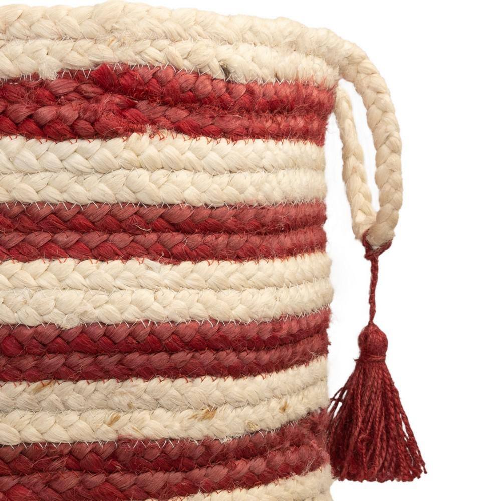 Handmade Round Red and Off-White Jute Storage Basket