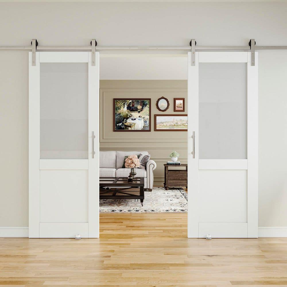 60 in. x 80 in. 1/2-Lite Tempered Frosted Glass White Primed MDF Sliding Barn Door with Hardware Kit Nickel Plat price history on PriceWatchPro