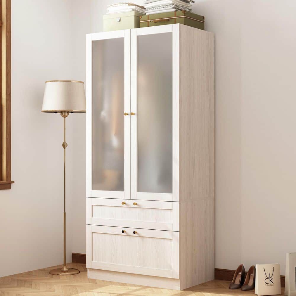 Light Oak Wood 31.5 in. Bedroom Armoire with Frosted Tempered Glass Doors, Hanging Rod and 2-Drawers
