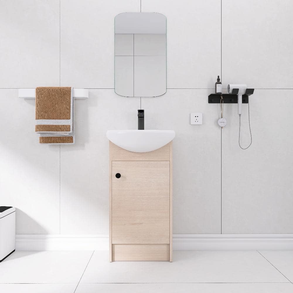 18 Inch Standalone Bathroom Vanity with Open Shelf and Oval Ceramic Sink – Light Oak price history on PriceWatchPro