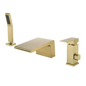 Single-Handle Deck-Mount Roman Tub Faucet with waterfall and Hand Shower in Brushed Gold