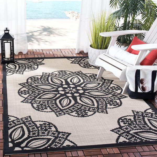 Courtyard Beige/Black 4 ft. x 6 ft. Border Indoor/Outdoor Patio  Area Rug