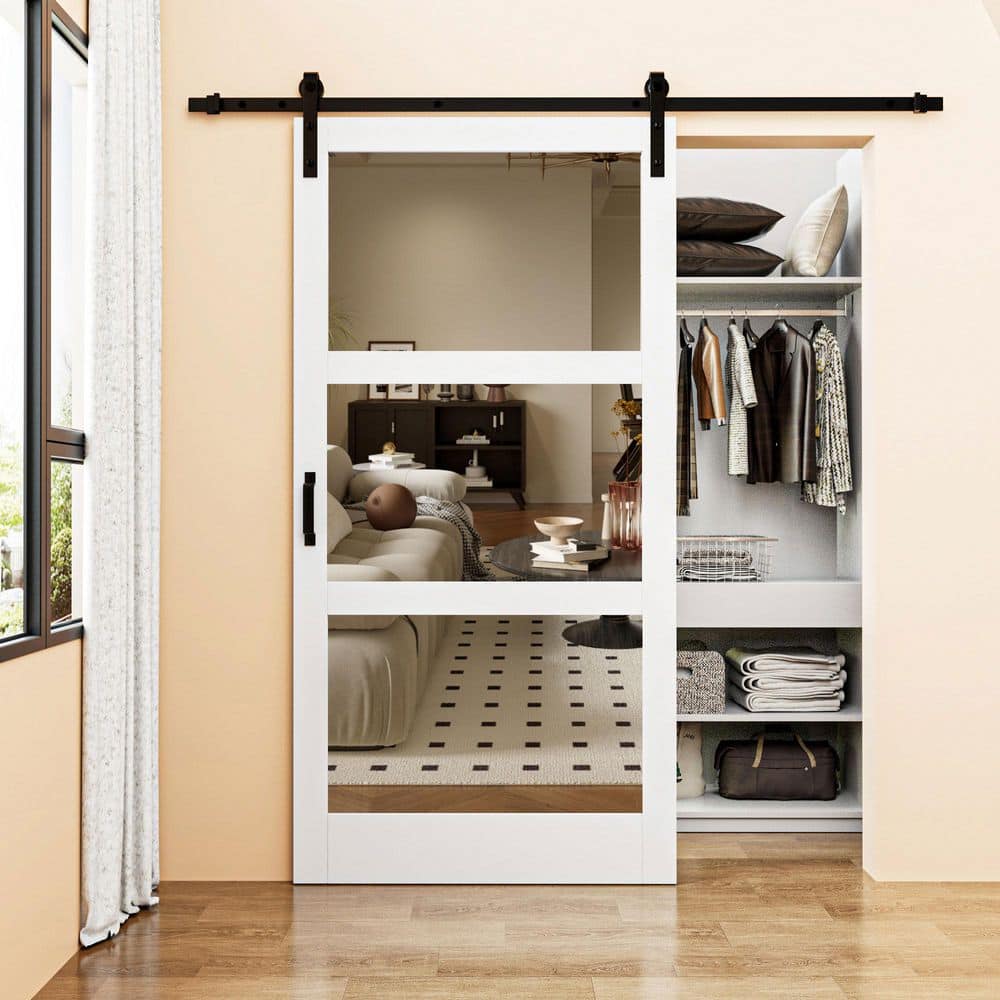 White 42" x 84" 3-Lite Mirrored MDF Barn Door