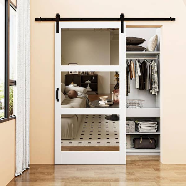 42 in. x 84 in. 3-Lite Mirrored Glass White Finished Solid Core MDF Barn Door Slab with Barn Door Hardware Kit