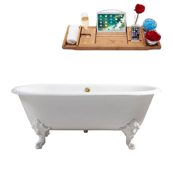 Streamline 68.9 in. Cast Iron Clawfoot Non-Whirlpool Bathtub in Glossy White with Polished Gold Drain And Glossy White Clawfeet