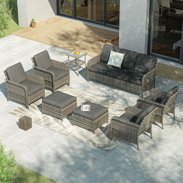 8-Piecess Patio Conversation Set Wide Armrests Patio Sofa with Side Table Set Gray Wicker with Black Cushion